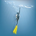 Diver with bubbles and sunrays against surface, Vector flat extreme sport concept and cartoon design