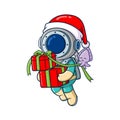 The diver is carrying gift boxes with help by little octopus holding on a rope