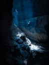 Diver caught in a beam of light in the underwater cavern at Buford Sink, Chassahowitzka Wildlife Management Area Royalty Free Stock Photo