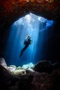 Diver in a cave in Tenerife, Canary Islands