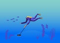 Diver Character in Scuba Diving Costume Research Ocean Bottom with Metal Detector Searching Sunken Treasures Hobby