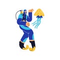 Diver character in suit for scuba diving flat vector illustration isolated.