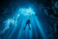 Diver descending into an underwater cavern Royalty Free Stock Photo