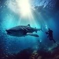 Diver dive with whale shark graphic illustration Royalty Free Stock Photo