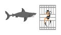 Diver in diving cage observing a great white shark vector isolated. Swimming biology research. Brave explorer against shark.