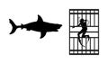 Diver in diving cage observing a great white shark vector silhouette isolated. Swimming biology research. Brave explorer.