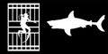 Diver in diving cage observing a great white shark vector silhouette isolated. Swimming biology research. Brave explorer .