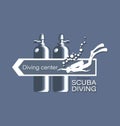 Diver and diving cylinders with an arrow and an inscription. Diving center. Scuba diving.