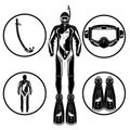 Diver and diving equipment vector flat icon set Royalty Free Stock Photo