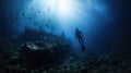 Diver diving at an old shipwreck in the ocean created with Generative AIDown in the ocean. Royalty Free Stock Photo