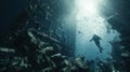 Diver diving at an old shipwreck in the ocean created with Generative AIDown in the ocean. Royalty Free Stock Photo