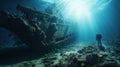 Diver diving at an old shipwreck in the ocean created with Generative AIDown in the ocean. Royalty Free Stock Photo