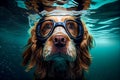 diver dog swims underwater in a glasses mask illustration Generative AI Royalty Free Stock Photo
