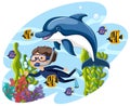 Diver and dolphin swimming with colorful coral reef Royalty Free Stock Photo