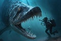 a diver encounters a prehistoric marine reptile in the deep ocean, with its long snout and armored body.