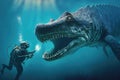 a diver encounters a prehistoric marine reptile in the deep ocean, with its long snout and armored body.