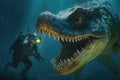 a diver encounters a prehistoric marine reptile in the deep ocean, with its long snout and armored body.