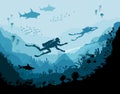 Diver explorers and reef Underwater wildlife