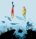 Diver explorers and reef underwater wildlife. Silhouette of coral reef with fish and scuba diver on a blue sea Royalty Free Stock Photo