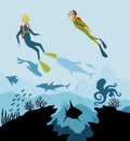 Diver explorers and reef underwater wildlife. Silhouette of coral reef with fish and scuba diver on a blue sea Royalty Free Stock Photo