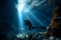 Diver explores dark underwater cave, revealing a hidden subterranean world