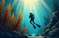 Diver explores sunlit kelp forest ocean. Marine life abounds. Underwater scene shows aquatic ecosystem beauty. Calm water.