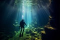 Diver explores Yucatan cenote cave with dark, stalactite filled landscape underwater