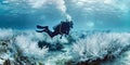Diver Exploring Bleached Coral Reef Royalty Free Stock Photo