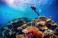 diver exploring a vibrant coral reef with school of colorful fish