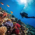 A diver exploring a vibrant coral reef with a school of colorful fish swimming around them