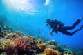 A diver exploring a vibrant coral reef with a school of colorful fish swimming around them