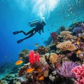 A diver exploring a vibrant coral reef with a school of colorful fish swimming around them