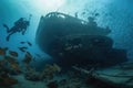 a diver exploring the wreck of a historic battleship, surrounded by schools of fish