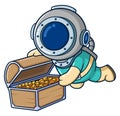 The diver finding treasure chest filled with gold coins