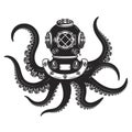 Diver helmet with octopus tentacles isolated on white background. Design elements for poster, t-shirt.