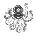 Diver helmet with octopus tentacles isolated on white background