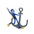 Diver holding onto large old anchor. Underwater adventure. Cartoon man character in special diving costume, mask Royalty Free Stock Photo