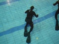 A diver in a neoprene wetsuit trains in the pool. A conrol of inexperienced divers