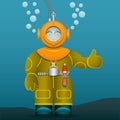 Diver in an old suit and scuba diving helmet. Cartoon style. Vector Image. Royalty Free Stock Photo