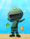 Diver in retro scuba gear finally here. Guy in underwater suit bottom of pond. Funny cartoon style. Extreme sports Royalty Free Stock Photo