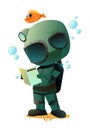 Diver in retro scuba gear with fish does not know rules. Guy in underwater suit bottom of pond. Funny cartoon style