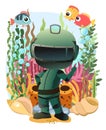 Diver in retro scuba gear near coral reefs. Guy in underwater suit bottom of pond. Funny cartoon style. Extreme sports Royalty Free Stock Photo