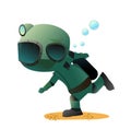 Diver in retro scuba gear running slowly. Guy in underwater suit bottom of pond. Funny cartoon style. Extreme sports Royalty Free Stock Photo