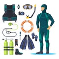 Diver in scuba diving suit, snorkeling man.
