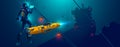 Scuba diver underwater. autonomous robot exploration sea floor. Underwater drone. shipwreck of ship