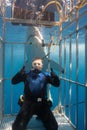 Diver in shark cage Royalty Free Stock Photo
