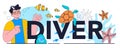 Diver typographic header. Scuba divers swimming with aqualungs Royalty Free Stock Photo