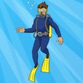 Diver uder water pop art style vector