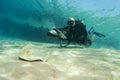 Diver on underwater scooter with sting ray Royalty Free Stock Photo
