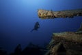 Diver underwater with ship Royalty Free Stock Photo